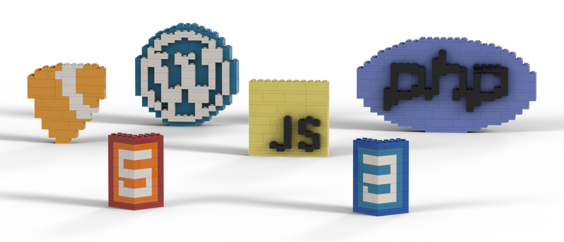 Die Logos von Typo3, PHP, JavaScript, WordPress, HTML5 und CSS3 in Lego nachgebaut